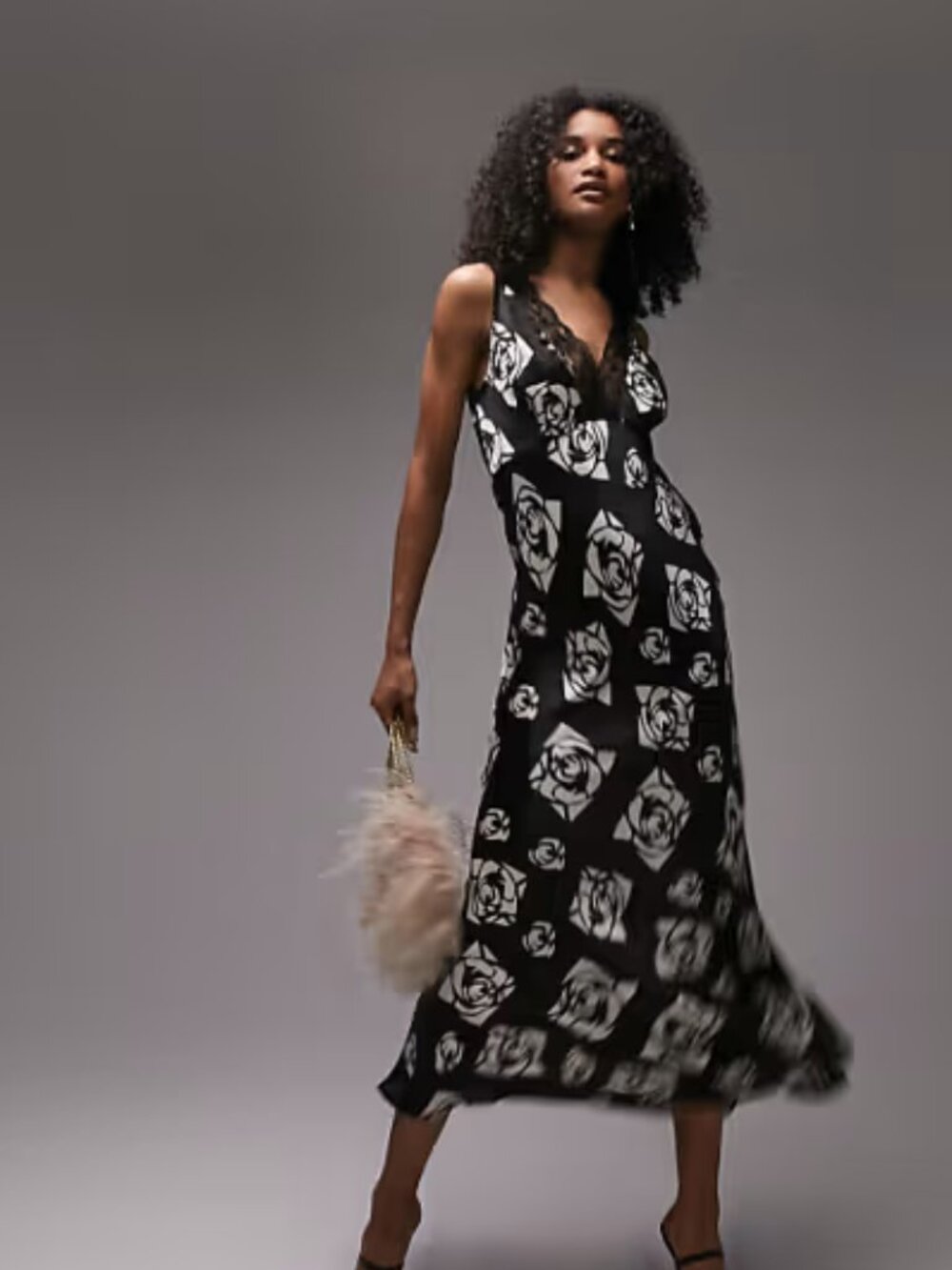 Topshop Lace and Rose Satin Printed Cami Midi Dress in Mono